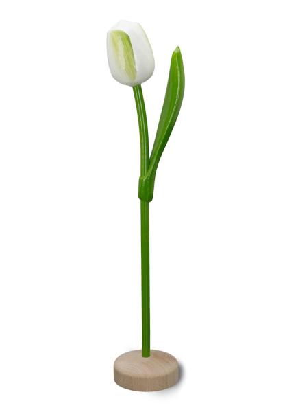Wooden tulip in a wooden base, to stand, 34cm high, made in Holland, color: white/green